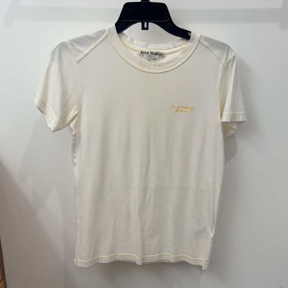 Acne Studios White Short-Sleeve Crew Tee with Subtle Yellow Embroidery Sz Small